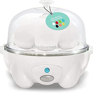 Elite Gourmet EGC-007## Rapid Egg Cooker, 7 Easy-To-Peel, Hard, Medium, Soft Boiled Eggs, Poacher, Omelet Maker, Auto Shut-Off, Alarm, 16-Recipe Booklet, BPA-Free, White