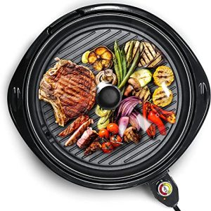 Elite Gourmet Smokeless Indoor Electric BBQ Grill with Glass Lid, Dishwasher Safe, PFOA-Free Nonstick, Adjustable Temperature, Fast Heat Up, Low-Fat Meals Easy to Clean Design