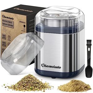 Hermolante Herb Grinder Spice Grinder, 200 w Herb Grinder with Stainless Steel Blade and Cleaning Brush, Compact Size Electric Grinder for Herbs and Spices – 5.11in (Stainless Steel)
