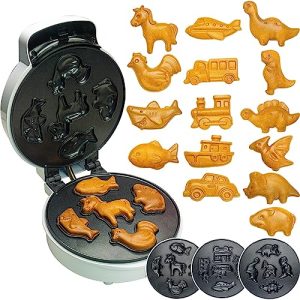 15 Mini Waffle Maker with Detachable Sets – Pancake Maker for Kids – Set Includes 5 Cars, 5 Animals, and 5 Dinosaurs – Non-stick Easy to Clean