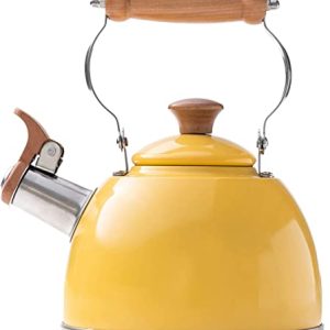 ROCKURWOK Whistling Tea Kettle, 1.6 QT / 50 OZ, Yellow Teapot, Universal Base for Induction | Gas | Electric | Halogen | Radiant, Wooden Handle, Vintage