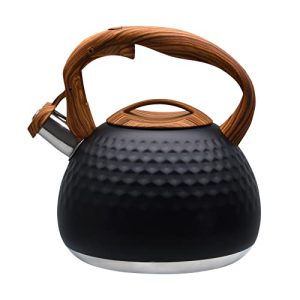 GGC Tea Kettle for Stove Top, Loud Whistling Kettle for Boiling Water Coffee or Milk, 2.7 Quart 3L Heavy Stainless Steel Black Kettle with Wood Pattern Handle, Unique Button Control Kettle Outlet