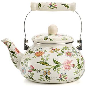 Jucoan 2.6 Quart Vintage Enamel Tea Kettle, Green Floral Enamel on Steel Teapot with Cool Touch Porcelain Handle for Stovetop