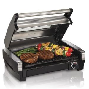 Hamilton Beach Electric Indoor Searing Grill with Viewing Window & Adjustable Temperature Control to 450F, 118 sq. in. Surface Serves 6, Removable Nonstick Grate, Stainless Steel