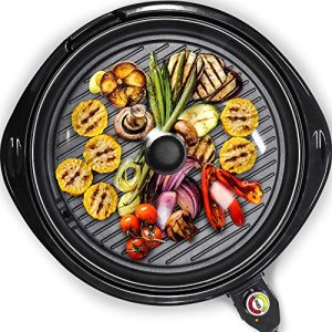 Elite Gourmet EMG-980BSC Large Indoor Electric Round Nonstick Grill Cool Touch Fast Heat Up Ideal Low-Fat Meals Easy to Clean Design Dishwasher Safe Includes Glass Lid, 14″ Round B, Black