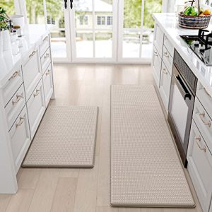 DEXI Kitchen Rugs and Mats Cushioned Anti Fatigue Comfort Mat Non Slip Standing Rug 2 Pieces Set 17″x29″+17″x59″,Beige White