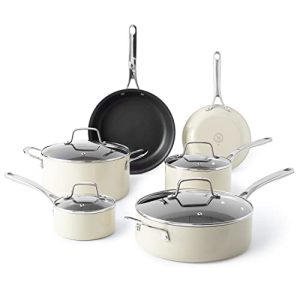 Martha Stewart Lockton Premium Nonstick 10 Piece Enamel Heavy Gauge Aluminum Pots and Pans Cookware Set – Linen White