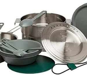 Stanley Base Camp Cook Set for 4 | 21 Pcs Nesting Cookware Made from Stainless Steel & BPA Free Material | Incl Pot, lid, Cutting Board, Spatula, Plates, Spoons, Forks, Bowls, Dish Rack, Trivet