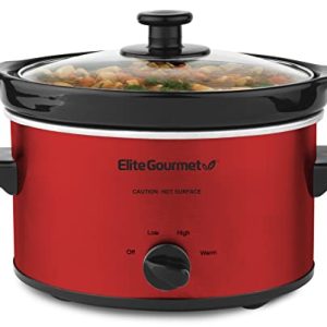 Elite Gourmet MST-275XR# Electric Oval Slow Cooker, Adjustable Temp, Entrees, Sauces, Stews & Dips, Dishwasher Safe Glass Lid & Crock (2 Quart, Metallic Red)