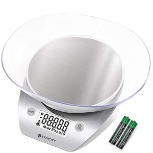 Etekcity Food Kitchen Scale with Bowl 0.1g, Digital Weight Grams and Oz, Baking, Cooking, Dieting, and Meal Prep, 11lb/5kg, 5 Weight Units, Stainless Steel Silver