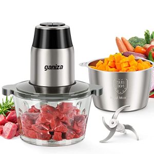 GANIZA Food Processors, Electric Food Chopper with Meat Grinder & Vegetable Chopper – 2 Bowls (8 Cup+8 Cup) with Powerful 450W Copper Motor – Includes 2 Sets of Bi-Level Blades for Baby Food/Meat/Nuts