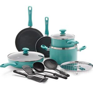 GreenLife Soft Grip Diamond Healthy Ceramic Nonstick 13 Piece Cookware Pots and Pans Set, PFAS-Free, Dishwasher Safe, Turquoise, Diamond Cookware