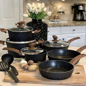 Kitchen Academy Induction Cookware Sets – 12 Piece Cooking Pan Set, Granite Black Nonstick Pots and Pans Set