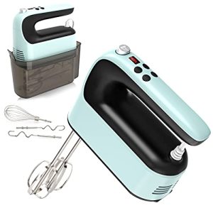Yomelo 9-Speed Digital Hand Mixer Electric, 400W Powerful DC Motor, Baking Mixer Handheld with Snap-On Storage Case, Touch Button, Turbo Boost, 5 Stainless Steel Accessories, Flat Beaters, Dough Hooks, Whisk (Ice Blue)