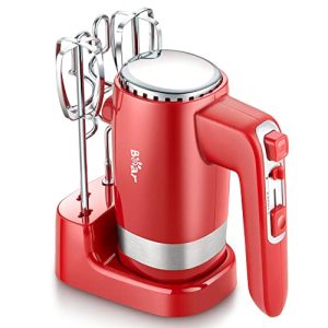 Bear Hand Mixer Electric, 10-Speed 300W Upgraded Powerful Electric Hand Mixer with Turbo, Lightweight Electric Mixer with Storage Base, 4 Stainless Steel Accessories for Easy Whipping, Mixing Cookies, Brownies, Cakes, and Dough Batters(Red)