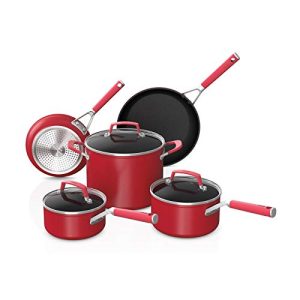 Ninja C28000 Foodi NeverStick Vivid 8-Piece Cookware Set with Lids, Nonstick, Durable & Oven Safe to 400°F, Cool-Touch Handles, Crimson Red