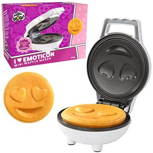 Heart Eyes Emoji Mini Waffle Maker – Make Breakfast Special for Boys & Girls w Cute Personal-Sized 4″ Smiley Face Pancakes – Non-Stick, Easy to Clean, Unique Fun Gift or Summer Morning Treat for Kids