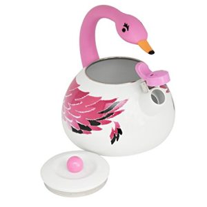 Home-X Whistling Tea Kettle – Flamingo Style, Stovetop Kettle, Enamel Steel, Vintage Style, Cute Animal Design, Teapot for Home Kitchen, 1.9 Quart, White with Pink