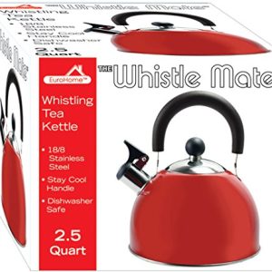 Deep Red 2.5 Quart Whistling Tea Kettle – Constructed from 18/8 Stainless Steel and Ergonomic Stay Cool Handle with One-Hand Pouring Mechanism