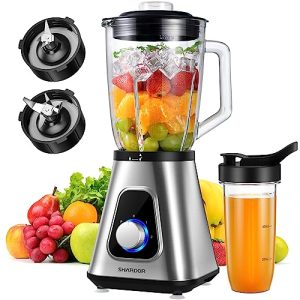 SHARDOR 1200W Countertop Blender and Personal Blender Combo for Shake and Smoothies, 52oz Glass Jar, 22oz Travel Cup + 3 Adjustable Speed Control for Frozen Fruit Drinks, Smoothies, Sauces, Sliver