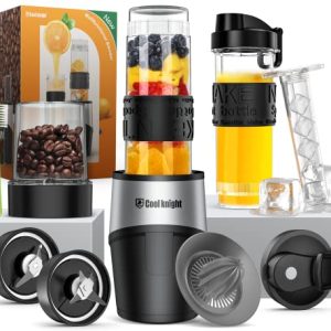 COOL KNIGHT Personal Blender, 500 Watts Bullet Blender for Shakes and Smoothies, 10-Piece Kitchen Blender Set with 20oz Sports Mug, Grinder Cup, 2 to-go lid, Freezer Rod and lemon squeezer,BPA free (Black-Silver)