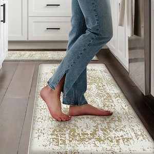 Collive Anti Fatigue Mats for Kitchen Floor Non Slip Kitchen Rugs Sets 2 Pieces, 17″x47″+17″x30″ Vintage Comfort Cushioned Standing Mat Waterproof Farmhouse Kitchen Runner Rug Thick Throw Rug Doormat