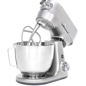 GE Tilt-Head Electric Stand Mixer | 7-Speed, 350-Watt Motor | Includes 5.3-Quart Bowl, Flat Beater, Dough Hook, Wire Whisk & Pouring Shield | Countertop Kitchen Essentials | Granite Gray