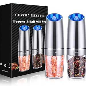 Gravity Electric Pepper Grinder, Salt and Pepper Mill & Adjustable Coarseness, Battery Powered with LED Light, One Hand Automatic Operation, Stainless Steel (Set/Silver)