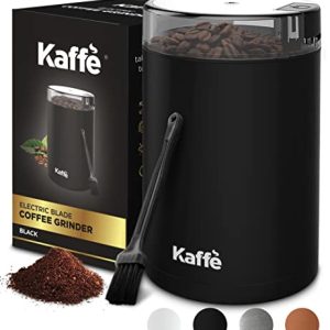 Kaffe Coffee Grinder Electric – Spice Grinder w/Cleaning Brush, Easy On/Off – Perfect for Espresso, Herbs, Spices, Nuts, Grain – 3.5oz / 14 Cup. Black