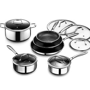 HexClad 12 Piece Hybrid Stainless Steel Cookware Set – 6 Piece Frying Pan Set and 6 Piece Pot Set with Lids, Stay Cool Handles, Dishwasher Safe, Induction Ready, Metal Utensil Safe