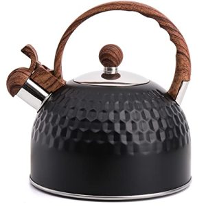 Lawei Black Tea Kettle Stovetop, 2.5 Quart Whistling Tea Kettle for Stove Top, Food Grade Stainless Steel Teapot with Wood Grain Anti Heat Handle for Coffee, Tea, Milk etc, Gas Electric Applicable