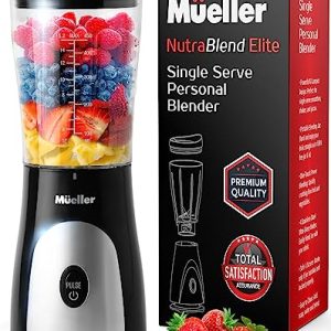 Mueller Personal Blender for Shakes and Smoothies with 15 Oz Travel Cup and Lid, Juices, Baby Food, Heavy-Duty Portable Blender & Food Processor, Black