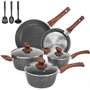 M MELENTA Granite Pots and Pans Set Ultra Nonstick, 11 Piece Die-Cast Cookware Sets with Frying Pan, Sauce Pan, Stockpot, Stay Cool Handle & Kitchen Utensils, Gas/Induction Compatible, 100% PFOA Free