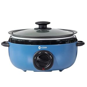 ICOOK USC-35-OP001BL 3.5 Quart Slow Cooker,Aluminium Sear/Sauté Stew Pot Stovetop safe,Dishwasher Safe,Glass Lid,Adjustable Temp,Food Warmer,Blue