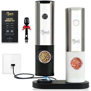 PwZzk Electric Salt and Pepper Grinder Set Rechargeable USB Type-C Charge Port One Hand Automatic Operation Stainless Steel Electronic Spice Mill Shakers With 5 Level Adjustable Coarseness (2 Pack)