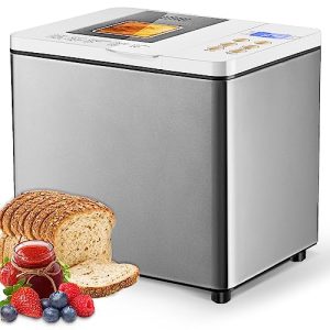KEEPEEZ 19-in-1 Compact Bread Machine with Dual-Heaters, 1.5LB Stainless Steel Auto Bread Maker with 2 Loaf sizes & 3 Crust Colors, Nonstick Pan, 15H Delay Timer & Keep Warm Set, Oven Mitt and Recipes