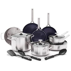 Blue Diamond Cookware Tri-Ply Stainless Steel Ceramic Nonstick, 15 Piece Cookware Pots and Pans Set, PFAS-Free, Multi Clad, Induction, Dishwasher Safe, Oven Safe, Silver