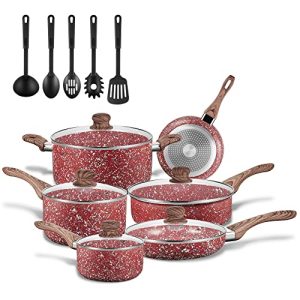 KOCH SYSTEME CS CSK Nonstick Cookware Set-Nonstick frying pans,Red Granite Cookware with Derived Coating,induction pot&pan set, Bakelite Handle and Multi-Ply Body, Lovely Housewarming Gift,16 Pieces