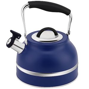 Rorence 3 Quart Whistling Tea Kettle: Stainless Steel Tea Pot with Capsule Bottom for Stovetop – Blue