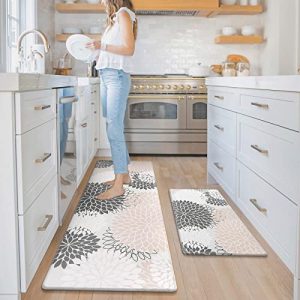 Collive Kitchen Rugs and Mats Cushioned Anti Fatigue Kitchen Mat 2PCS Non-Skid Waterproof Boho Kitchen Runner Rug Comfort Foam Standing Mat for Office,Laundry,Kitchen Sink,Grey Floral