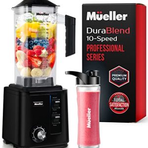 Mueller DuraBlend, 10-Speed 3.0hp Professional Series Blender – Pulse Mode and Ice Crushing Powerful Motor, Smoothie Blender, 74 Oz, 6 Stainless Steel Blades, Blend, Chop, Grind, with Smoothie Bottle