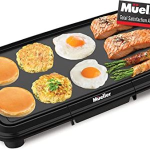 Mueller HealthyBites Eco Nonstick 20 Inch Electric Griddle Teflon-free, 10 Eggs at Once, Cool-Touch Handles and Slide-Out Drip Tray, for Breakfast Pancakes, Burgers, Eggs, Black