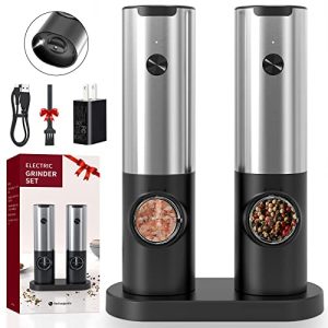 Electric Salt and Pepper Grinder Set,Automatic Pepper mill with USB Rechargeable,Adjustable Coarseness,One-handed Operation,Electronic Spice Grinder With Certified Charging Plug and LED Light(2pack)