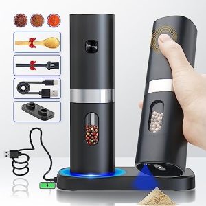 Electric Salt and Pepper Grinder Set Rechargeable Battery Operated with USB Double Charging Base, Automatic Pepper Shakers With Spoon,Adjustable Coarseness,LED Light(Black 2 Mills)