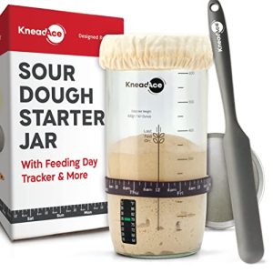 KneadAce Sourdough Starter Jar With Date Marked Feeding Band, Thermometer, Sourdough Fermentation Jar Scraper, Sewn Cloth Cover & Metal Lid, Sourdough Starter Kit (1 Pack)