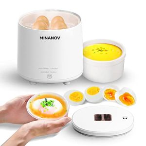 MINANOV Electric egg Cooker – 4 Egg Capacity Rapid Egg Cooker for Hard Boiled, Soft Boiled, Steamed Egg, Onsen Tamago – Smart Cooker for Kitchen, Dorm and Camping with Auto Power-off and Beep Alarm