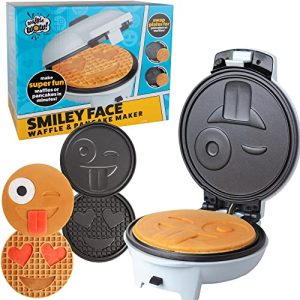 Smiley Face Emoji Waffler & Pancake Maker w 2 Interchangeable, Removable 8″ Plates- Adjustable Temperature Control, Nonstick Electric Griddle Iron- Easy Clean, Make Kids Breakfast Fun for Whole Family