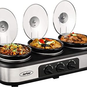 Sunvivi Slow Cooker, Triple Slow Cooker Buffet Server 3 Pot Food Warmer, 3-Section 1.5-Quart Oval Slow Cooker Buffet Food Warmer Adjustable Temp Lid Rests Stainless Steel，Total 4.5 QT