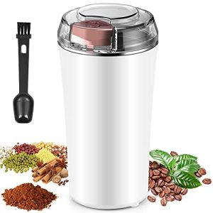 Finphoon Coffee Grinder Electric, Spice Grinder, Coffee Bean Herb Grinder with Integrated Brush Spoon, One-touch Push-Button Stainless Steel Small Grinding for Peanut Grains (WHITE)