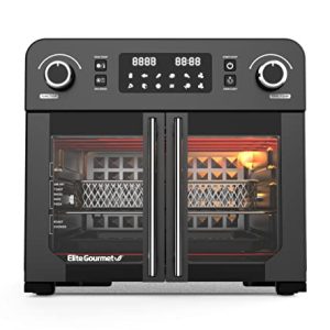 Elite Gourmet EAF9010B All Steel Exterior, 24.5Qt. French Door Air Fryer Convection Countertop Oven, 12″ Pizza Extra Large Capacity, Temperature + Timer Controls, Bake, Toast, Broil, Air Fry, Black